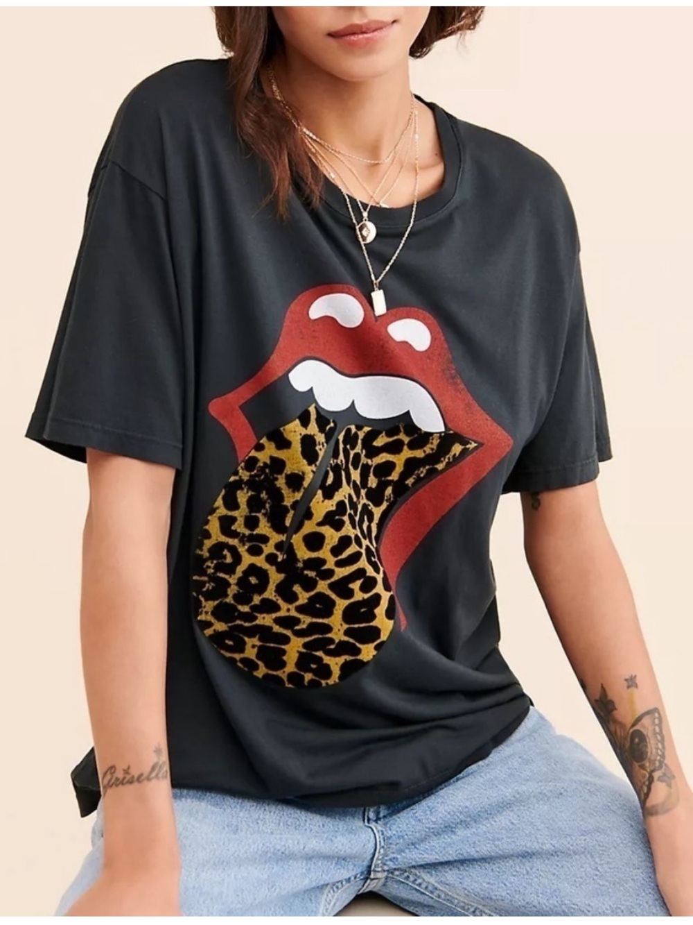 Daydreamer Black Tee with Red Lips and Leopard Tongue Graphic